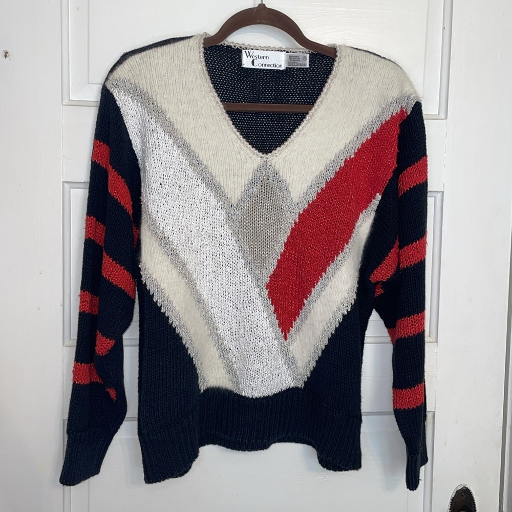 RETRO Sweater 80/90s Padded Shoulders Angles Lines Red Black White Womens Small